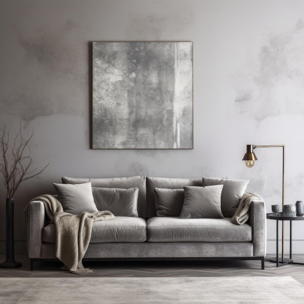 Stylish gray velvet sofa against stucco wall Interior design of modern living room