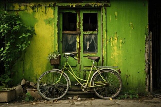 A stylish green bike Stands near an old green house