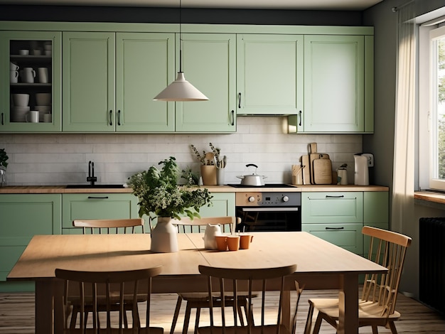 Stylish green kitchen displaying tasteful interior elements AI Generation