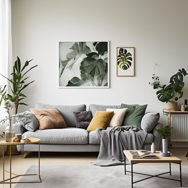 Стильный серый диван, комнатные растения и картина, висящая на стене