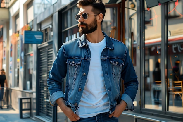 Stylish guy standing street in a denim jacket against mens looks