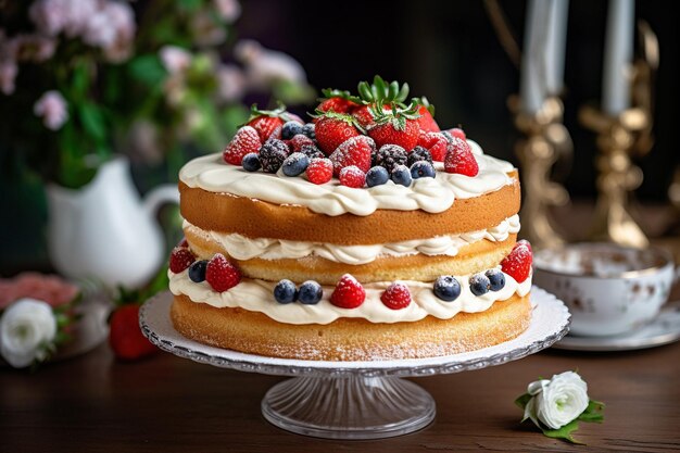 a stylish handmade cake with a cutout piece stands on the stand of the kitchen table
