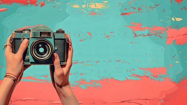 Photo stylish hands holding a vintage camera against a vibrant turquoise and coral background