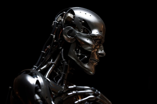 Фото Стильный красивый киборг голова в профиле на черном фоне футуристический человек искусственный интеллект