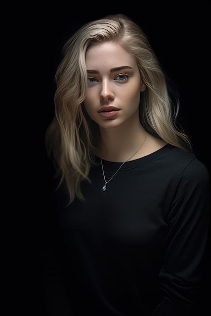 Stylish Headshot of a Young Adult Woman with Long Dark Hair on Black Background