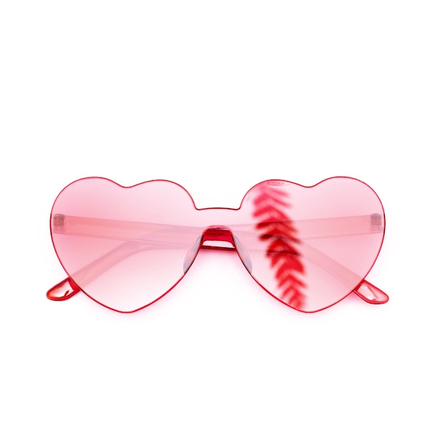 Photo stylish heart shaped glasses with shadow from palm leaves, trendy red sunglasses.