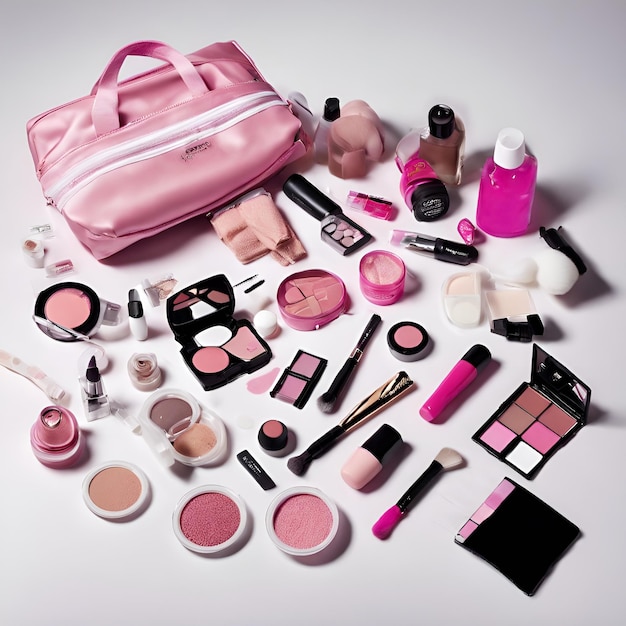 Фото Стильный высокоугольный снимок розового сувенира коробка для макияжа для девочек