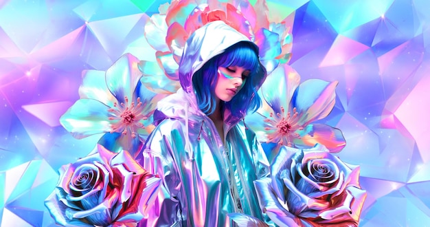 Stylish holographic Girl in holographic flower space Fashion collage