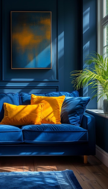 Stylish Home Interior Blauwe bank en heldergele kussens