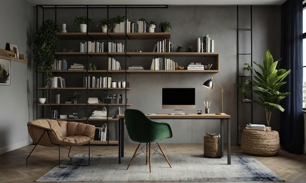 stylish home office design workplace with chair and work deskwork from home setup