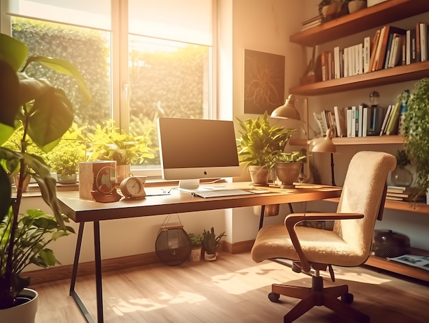 Стильный интерьер домашнего офиса с комфортным рабочим местом
