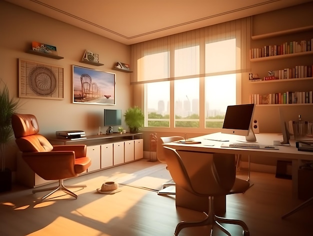 Foto interni eleganti per l'ufficio domestico con un comodo posto di lavoro