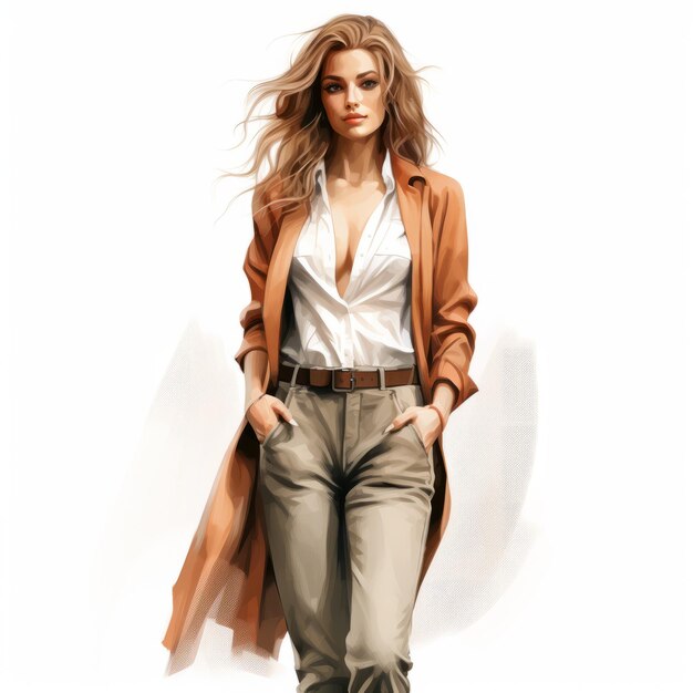 Stylish Hyperrealistic Fashion Illustration Of A Smart Woman In A Trench Coat