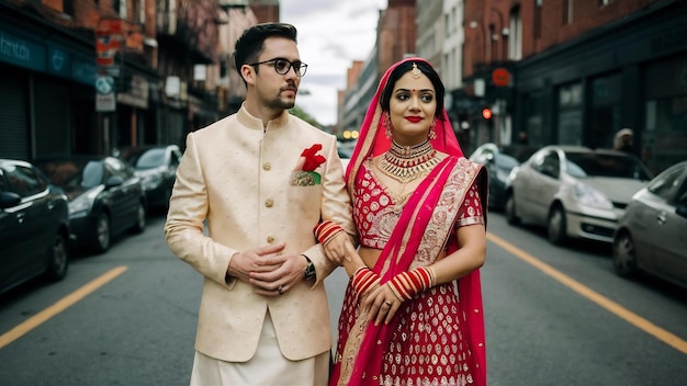 Stylish indian hindu couple posed on street