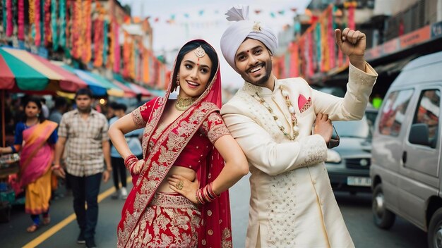 Stylish indian hindu couple posed on street