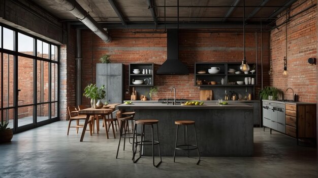 Photo stylish industrial kitchen with brick walls