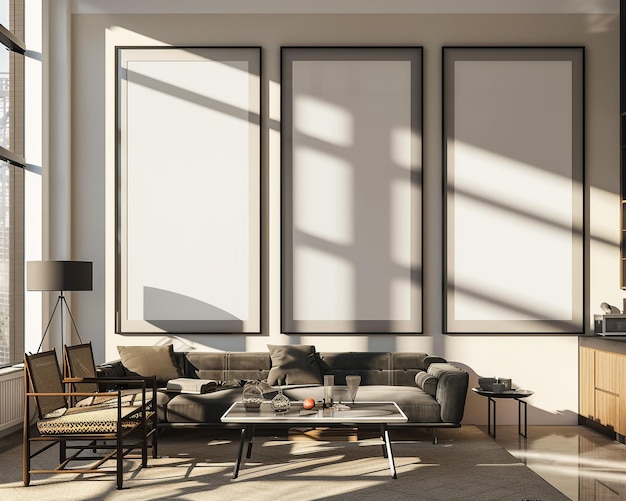 スタイリッシュなインテリア明るいリビングルーム黒いソファーとアームチェアフロアランプコーヒーテーブル装飾リビング室のインテリアモックアップ明るな日光の近代的なデザインの部屋 3D レンダー