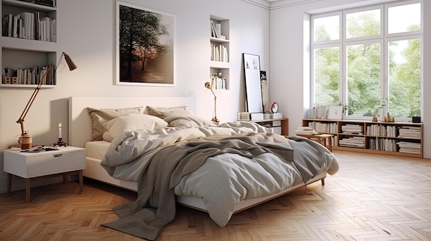 편안한 침대가 있는 현대적인 객실의 세련된 인테리어