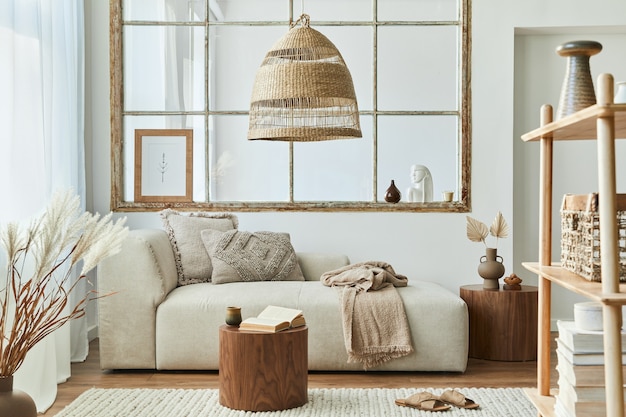 стильный интерьер креативной гостиной с дизайнерским модульным диваном современный шаблон домашнего декора