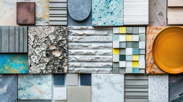 Stylish interior design moodboard from different texture and color materials