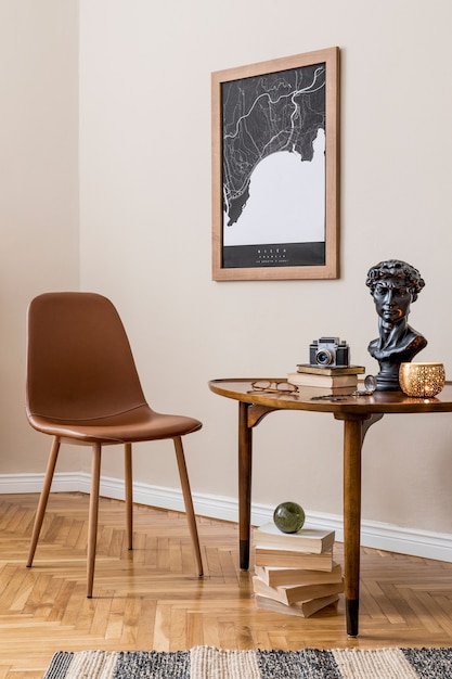 Photo stylish interior design of private library room with map, brown chair, wooden table, bookstand, books and elegant personal accessories. retro vintage home decor. beige wall..