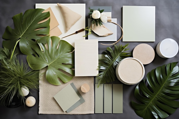 Photo stylish interior designer moodboard inspiring textile paint and tile composition in beige grey