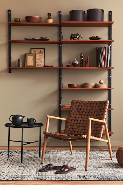 Stylish interior of living room with design brown armchair, wooden bookcase, pendant lamp, carpet decor, picture frames and elegant personal accessories in modern retro home decor.