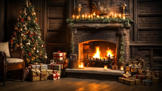 Stylish interior of living room with fireplace decorated Christmas tree Christmas decoration