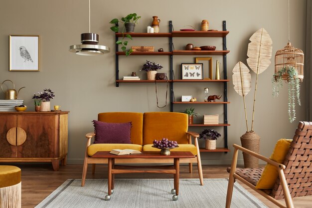 Stylish interior of living room with honey yellow sofa, wooden bookcase, plants, commode, picture frame, carpet, decoration and elegant accessoreis in home decor.