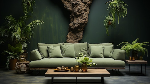 Stylish interior of living room with sofa and coffee table Background made of plants and leaves luscious green hue plant wall