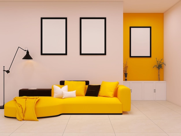 노란색 소파와 흰색 캐비닛 3d 렌더링을 갖춘 세련된 거실
