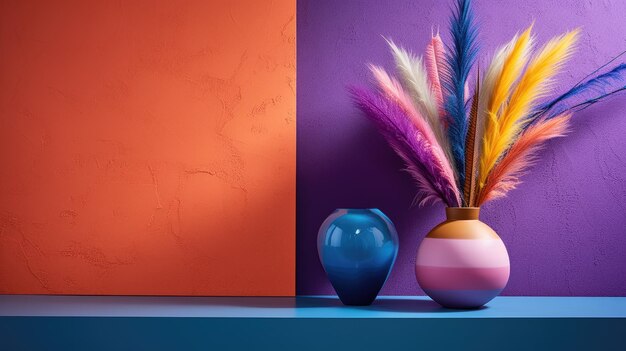 Photo stylish interior of memphis style interior with vases and dry pampas grass