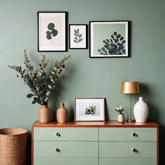 ソファのあるモダンなリビング ルームのスタイリッシュなインテリア緑の植物と木製のチェのモダンなインテリア デザイン