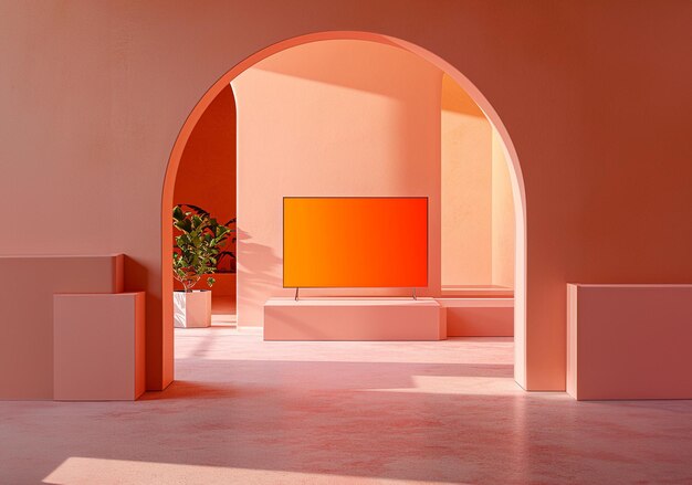 Stylish interior with arches Peach and orange colors Blank orange tv screen copy space