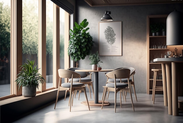 Stylish japandy interior cafe with wooden furniture Generative AI