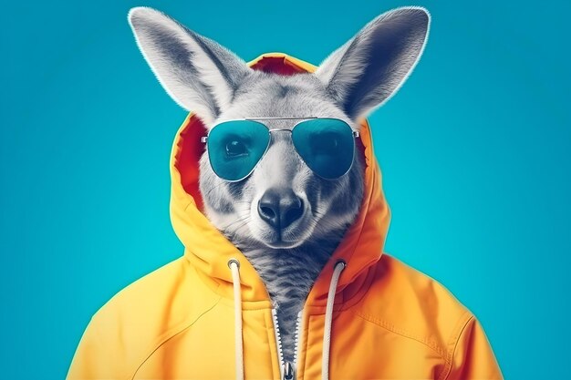 Stylish kangaroo hoodie in sunglasses on a pastel background Minimal concept of fashion and style Generative AI