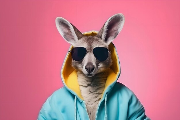 Stylish kangaroo hoodie in sunglasses on a pastel background Minimal concept of fashion and style Generative AI