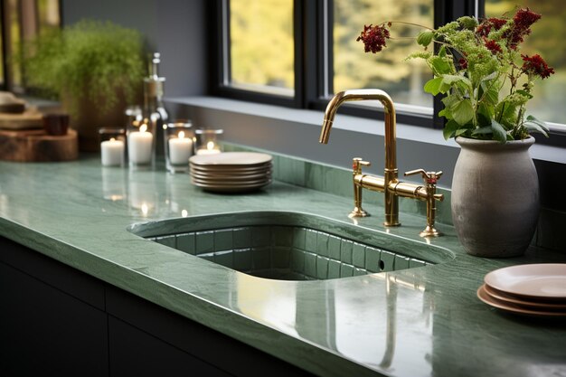 Stylish kitchen adorned with a sage green counter cabinet sink and induction