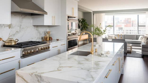 A stylish kitchen in Chicago with gold hardware