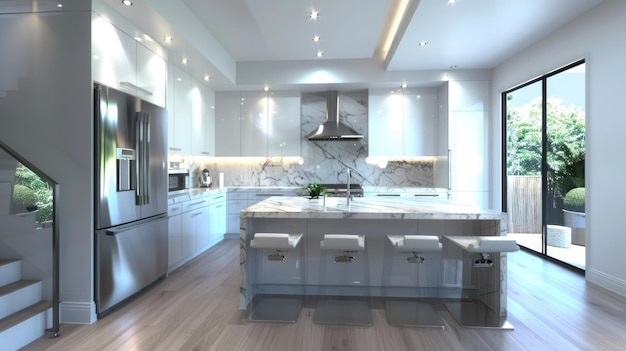 Stylish kitchen design marble surfaces stainless gadgets undercabinet glow island stools