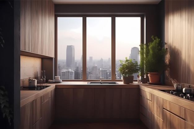 Стильный интерьер кухни с зелеными растениями и окном Домашнее украшение из дерева