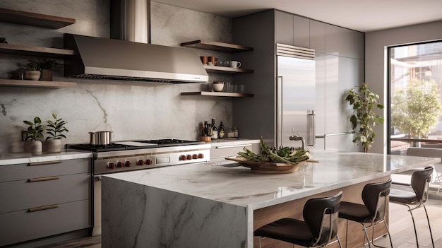 Стильный кухонный интерьер с барным островом и стойкой боковым видом на сером бетонном полу Кухонная посуда и декорация кухонная зона с панорамным окном на тропиках 3D-рендеринг