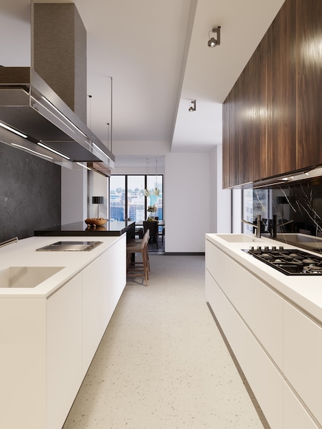 Stylish kitchen interior with modern cabinets and stainless steel appliances in new home. design in scandinavian style. 3d rendering