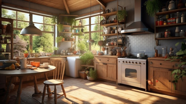 Stylish kitchen interior with morning light in window Generative AI