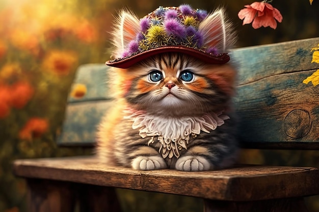 Stylish kitten with floral hat on wooden bench generative AI