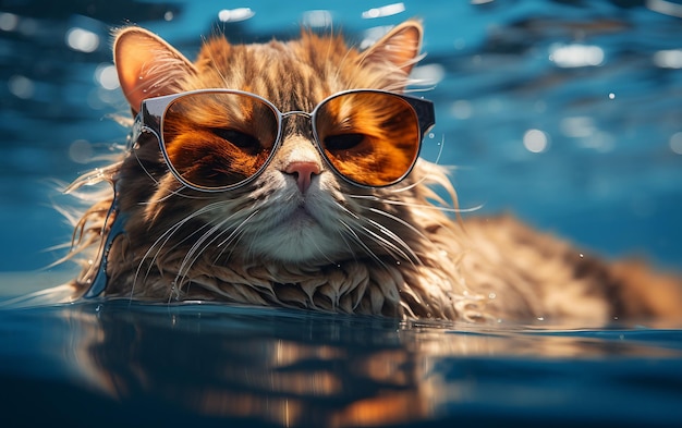 Stylish Kitty in Shades in the Pool