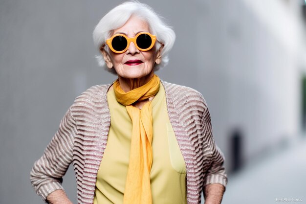 Photo stylish lady with white hair wearing yellow sunglasses and scarf generative ai