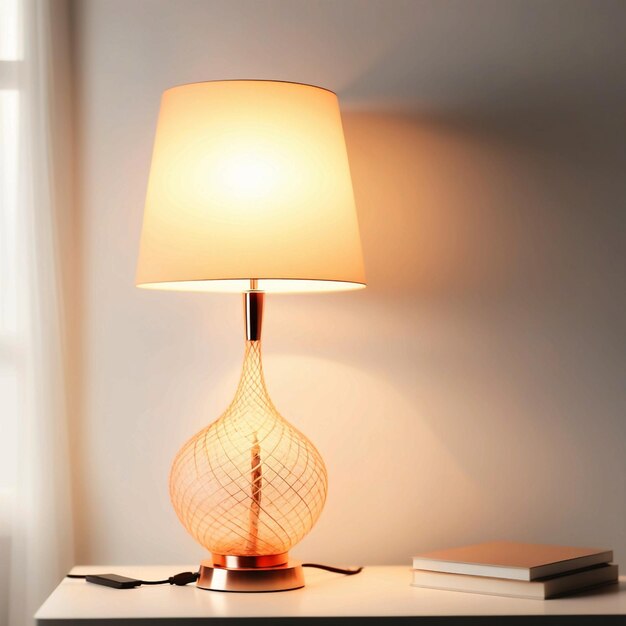 Stylish lamp on table against light background