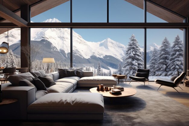 A stylish large room with a sofa a dining room and large floortoceiling windows WITH snowy mountains OUTSIDE the window