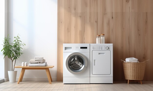 Stylish Laundry room interior Modern washing machine and laundry basket near white wall indoors